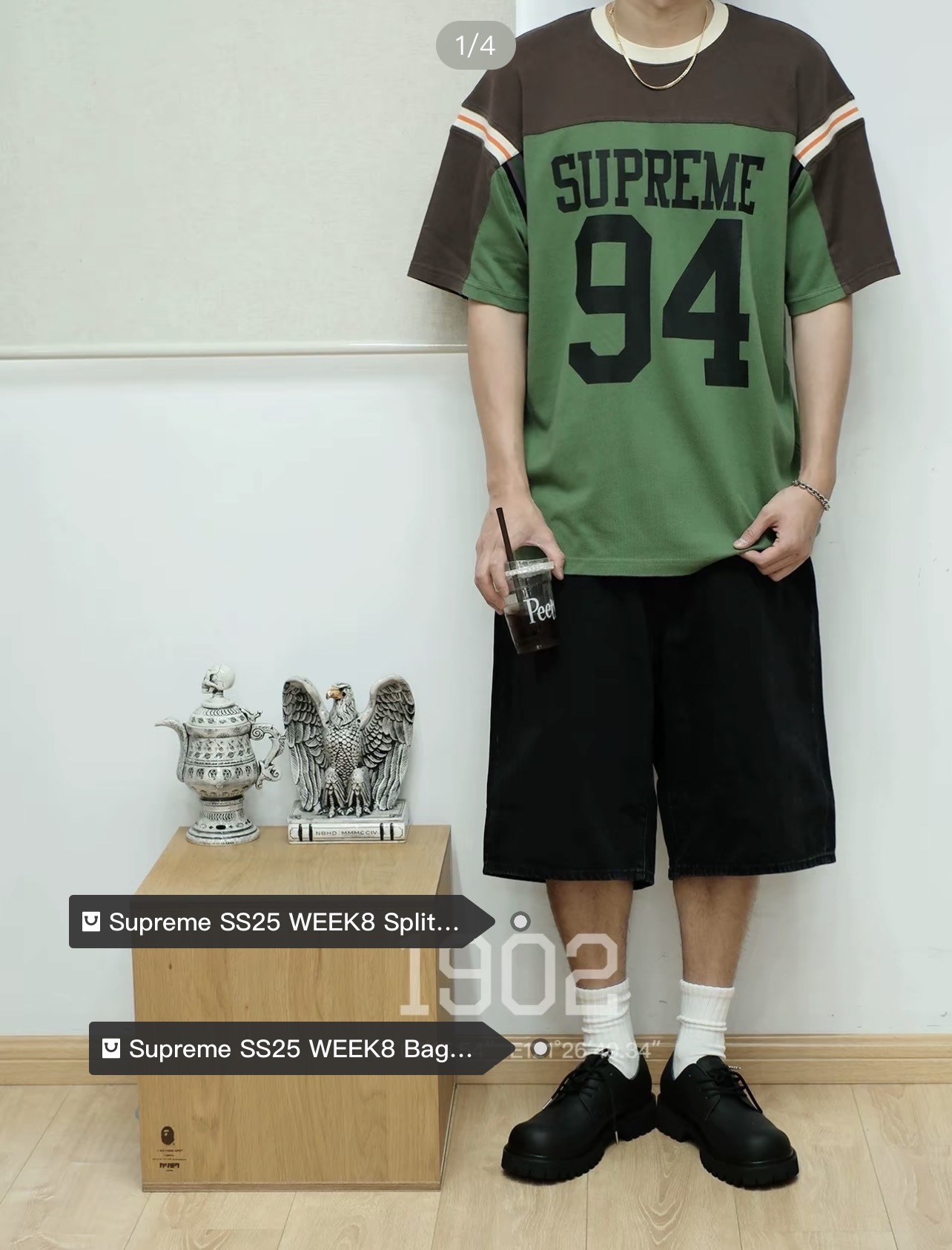 Supreme SS25 WEEK8 Split S/S Football Top 拼接图案罗纹圆领短袖 上身效果#