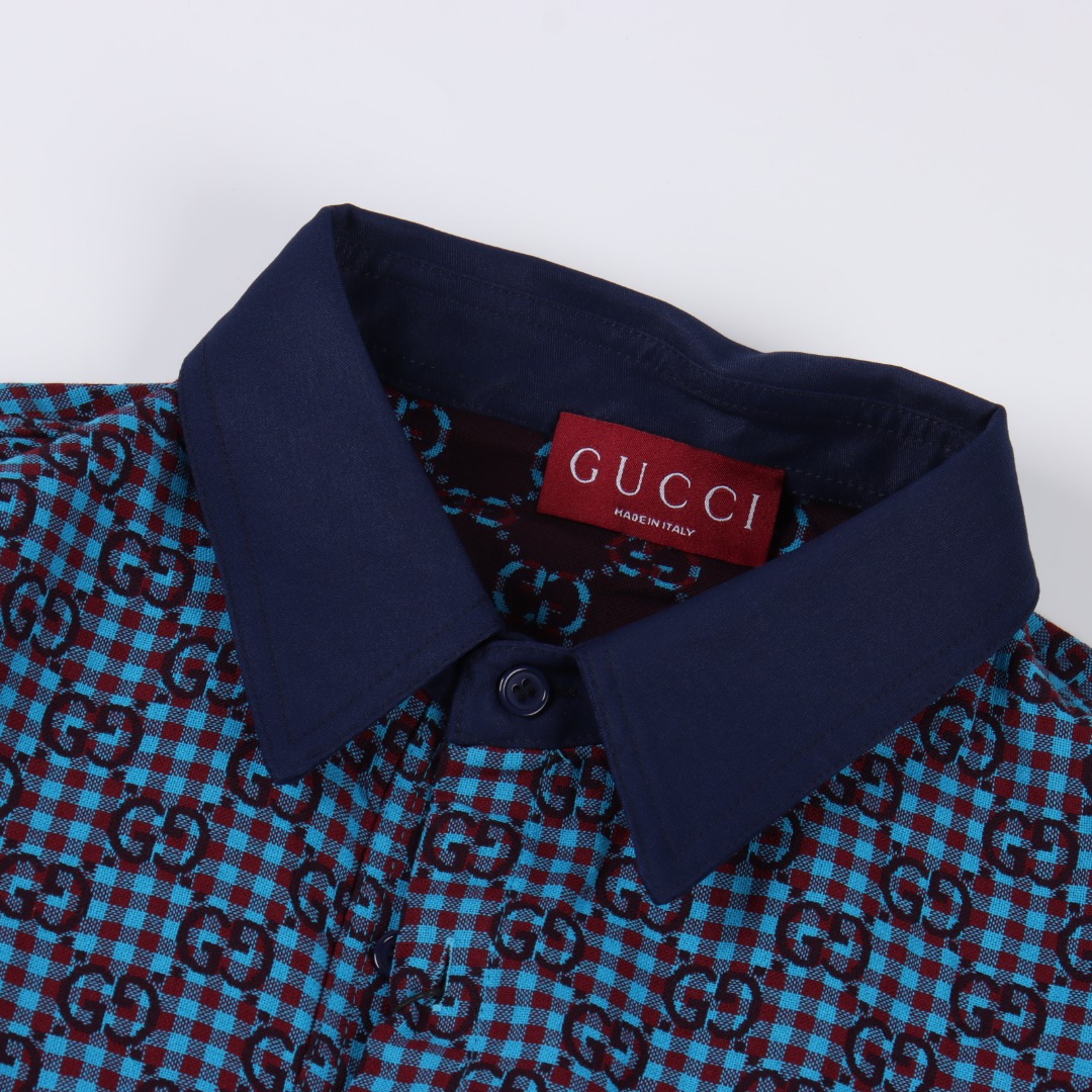 Gucci/古驰 GC 25FW 小G提花棉麻长袖衬衫 绿色/蓝色