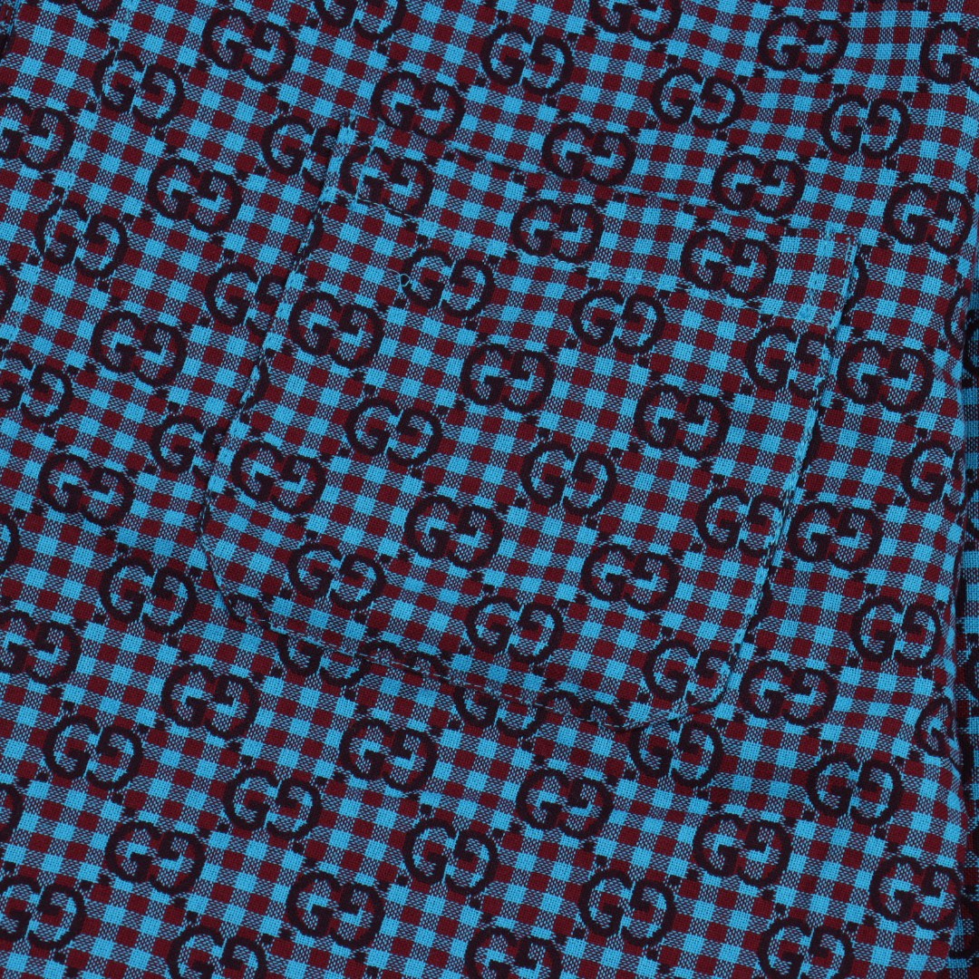 Gucci/古驰 GC 25FW 小G提花棉麻长袖衬衫 绿色/蓝色