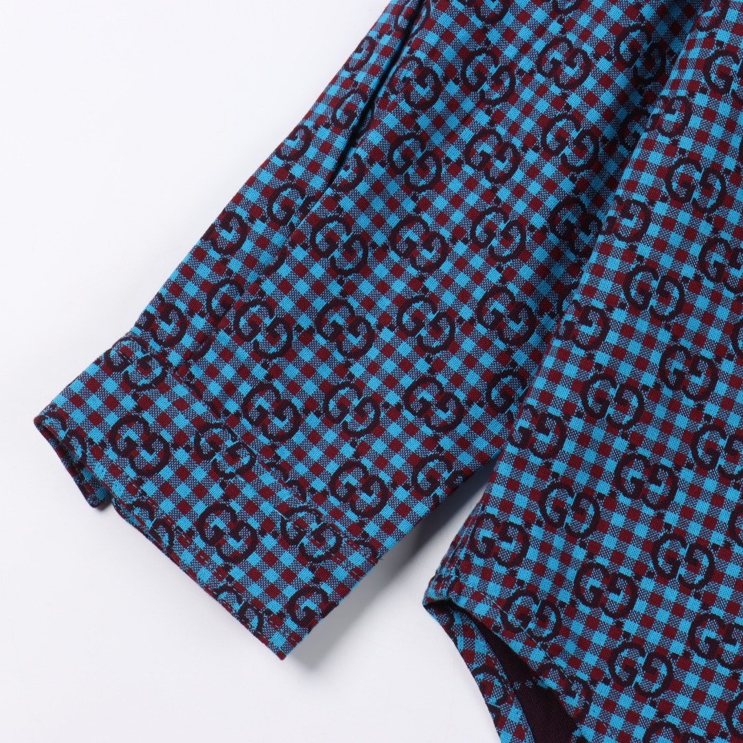 Gucci/古驰 GC 25FW 小G提花棉麻长袖衬衫 绿色/蓝色