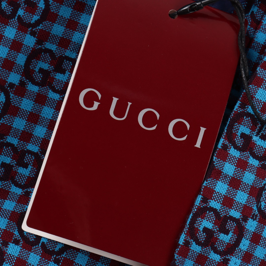 Gucci/古驰 GC 25FW 小G提花棉麻长袖衬衫 绿色/蓝色