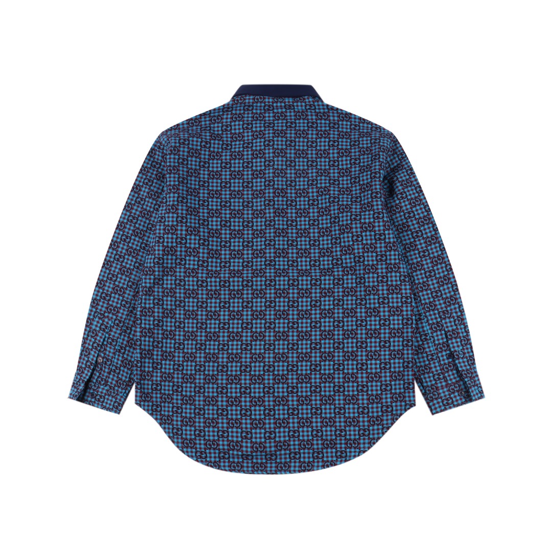 Gucci/古驰 GC 25FW 小G提花棉麻长袖衬衫 绿色/蓝色