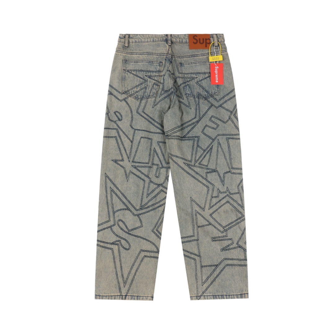 Supreme SS25 星星明线休闲宽松牛仔牛仔裤-Chinese UA Cheap High Quatity Brand Clothes Bags handbags Sneakers wholesale wholesaler seller from China Factory suppliers Fashion Clothing Shoes best Quality Beautiful Price Supreme SS25 星星明线休闲宽松牛仔牛仔裤