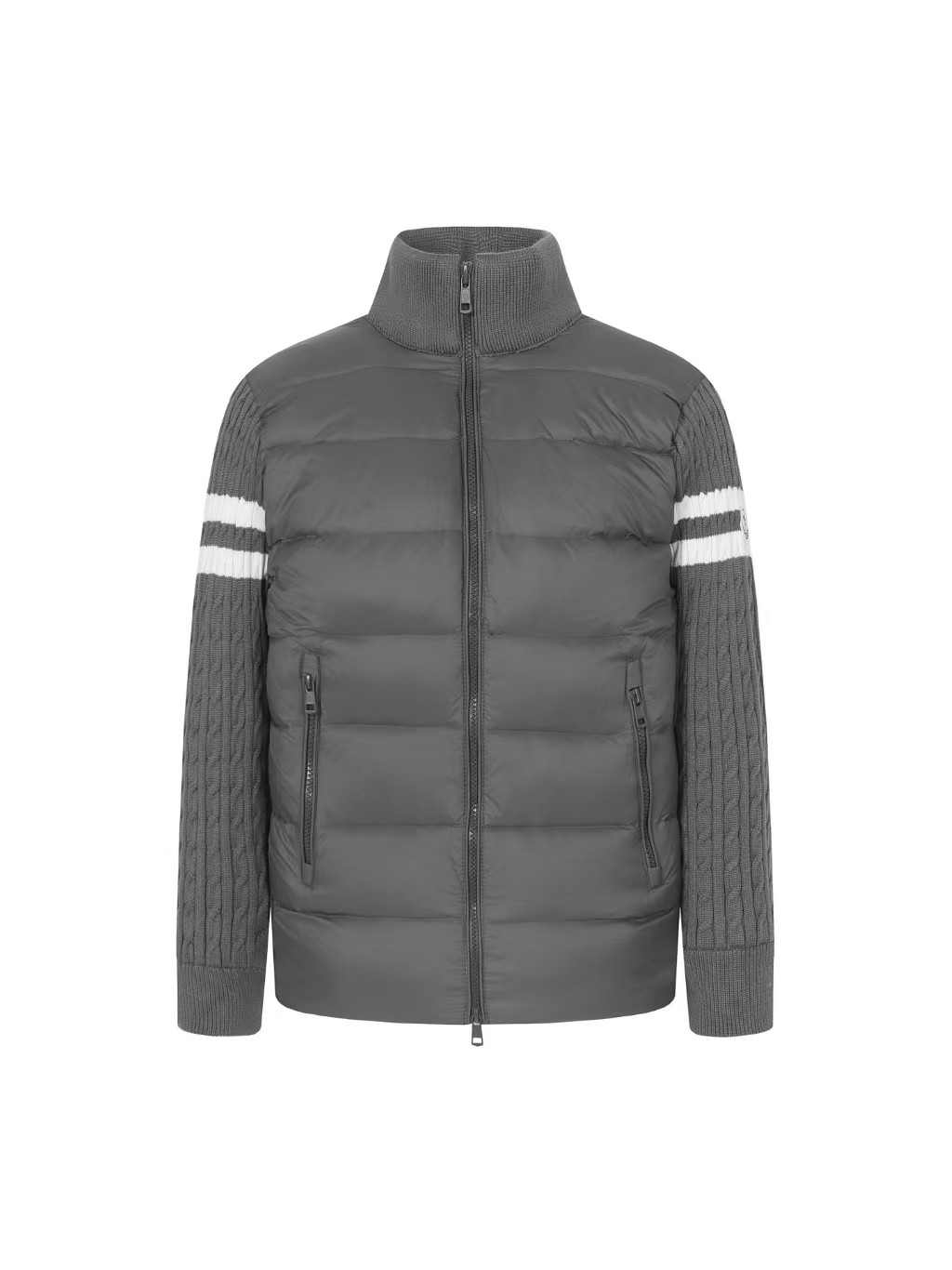 Moncler Men's Gray Wool-Knit Down Padded Jacket with White Arm Stripes