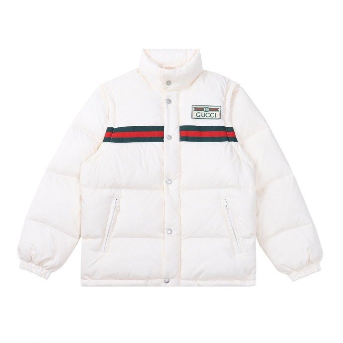 Gucci Embroidered Logo Down Jacket with Webbing Stripe, White/Black