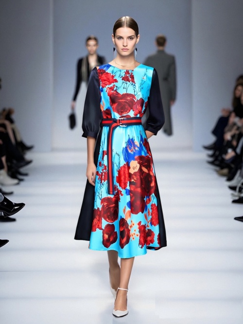 Elegant Floral Print Midi Dress with Belt, Round Neck, and 3/4 Sleeves 1 Elegant Floral Print Midi Dress with Belt, Round Neck, and 3/4 Sleeves