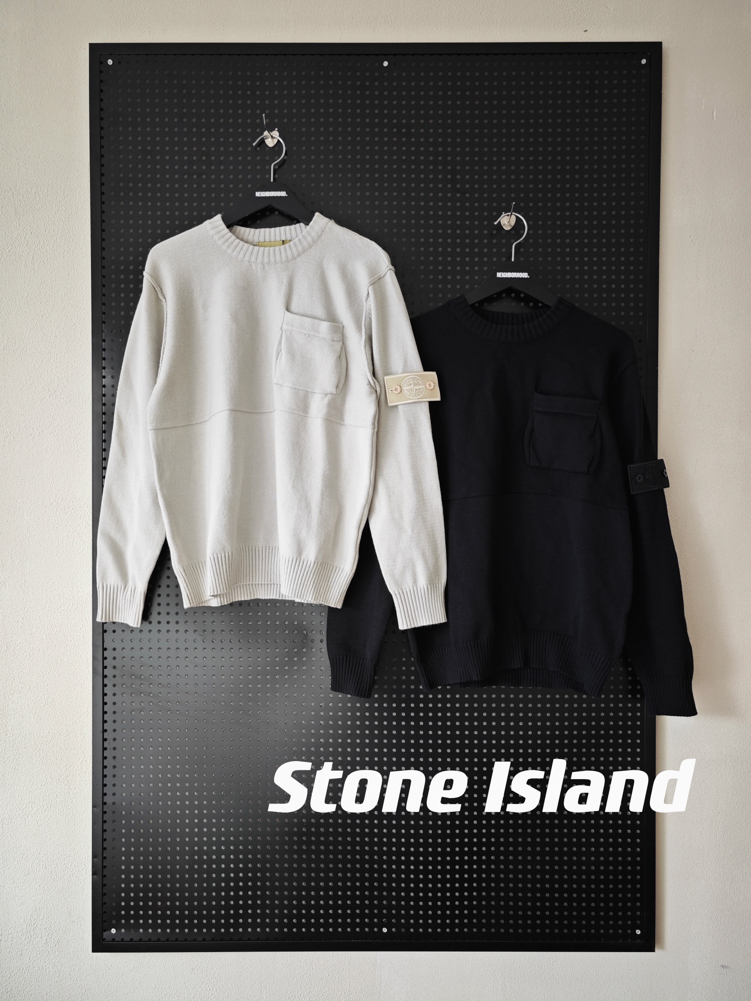 Stone Island Clothing Sweatshirts Beige Black White Splicing Unisex Knitting Lambswool Fall/Winter Collection