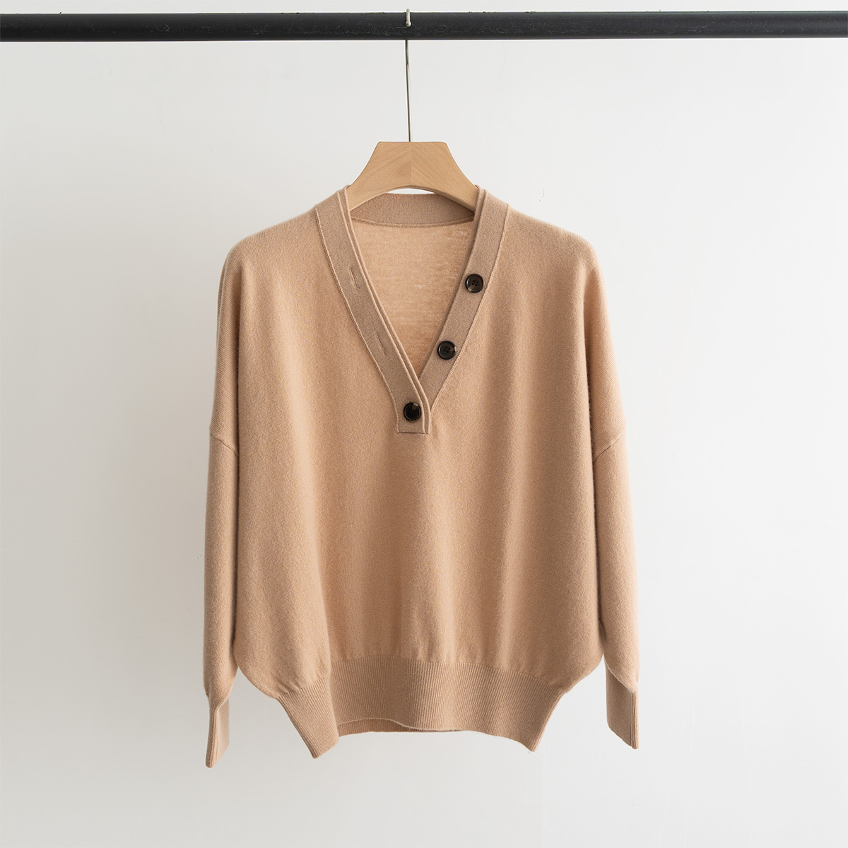 Women's V-Neck Cashmere Blend Sweater with Button Detail - Relaxed Fit