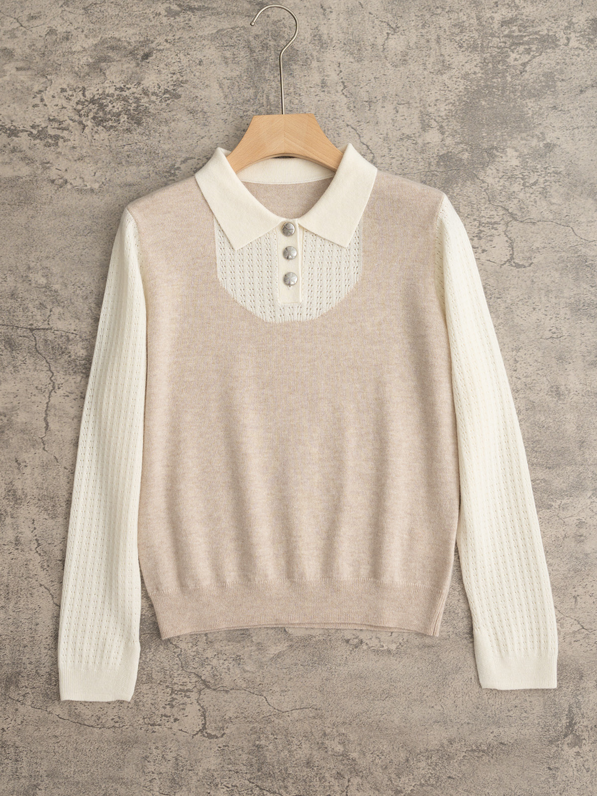 Barrie 25秋冬新款 翻领甜美风Polo针织衫 单边+挂毛+镂空+四平织法 拼色设计 羊绒羊毛混纺