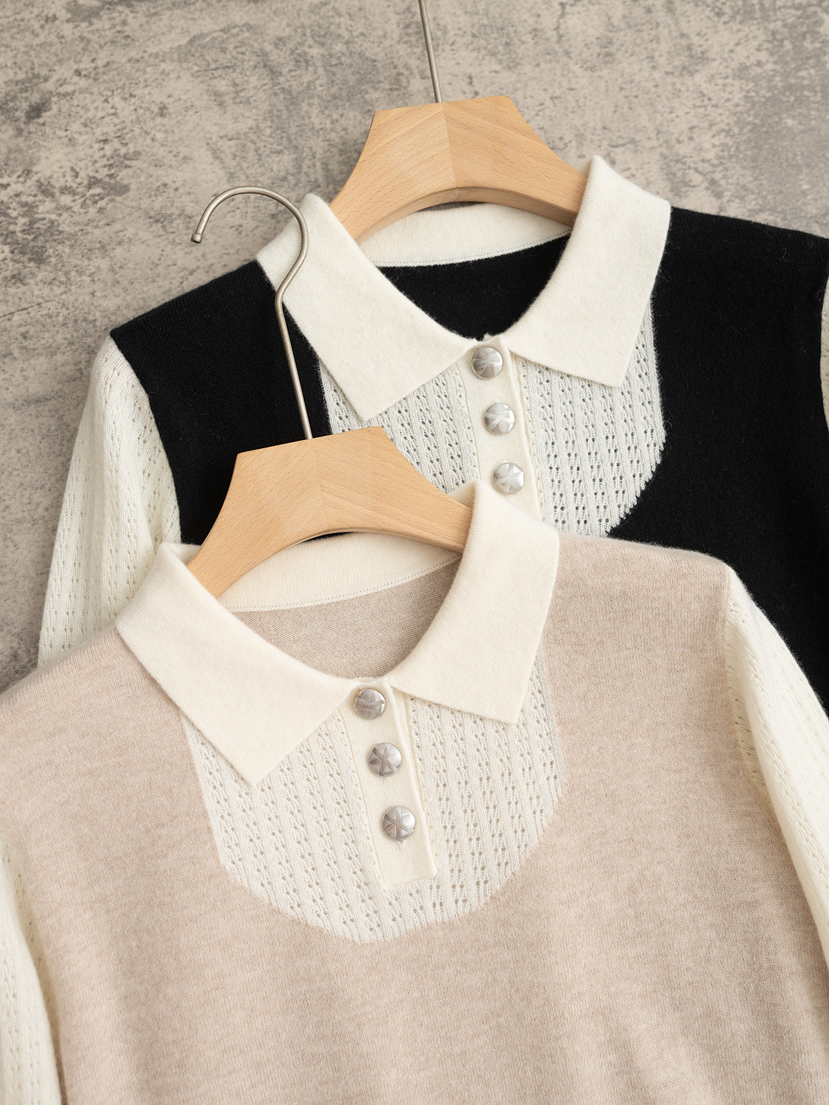 Barrie 25秋冬新款 翻领甜美风Polo针织衫 单边+挂毛+镂空+四平织法 拼色设计 羊绒羊毛混纺