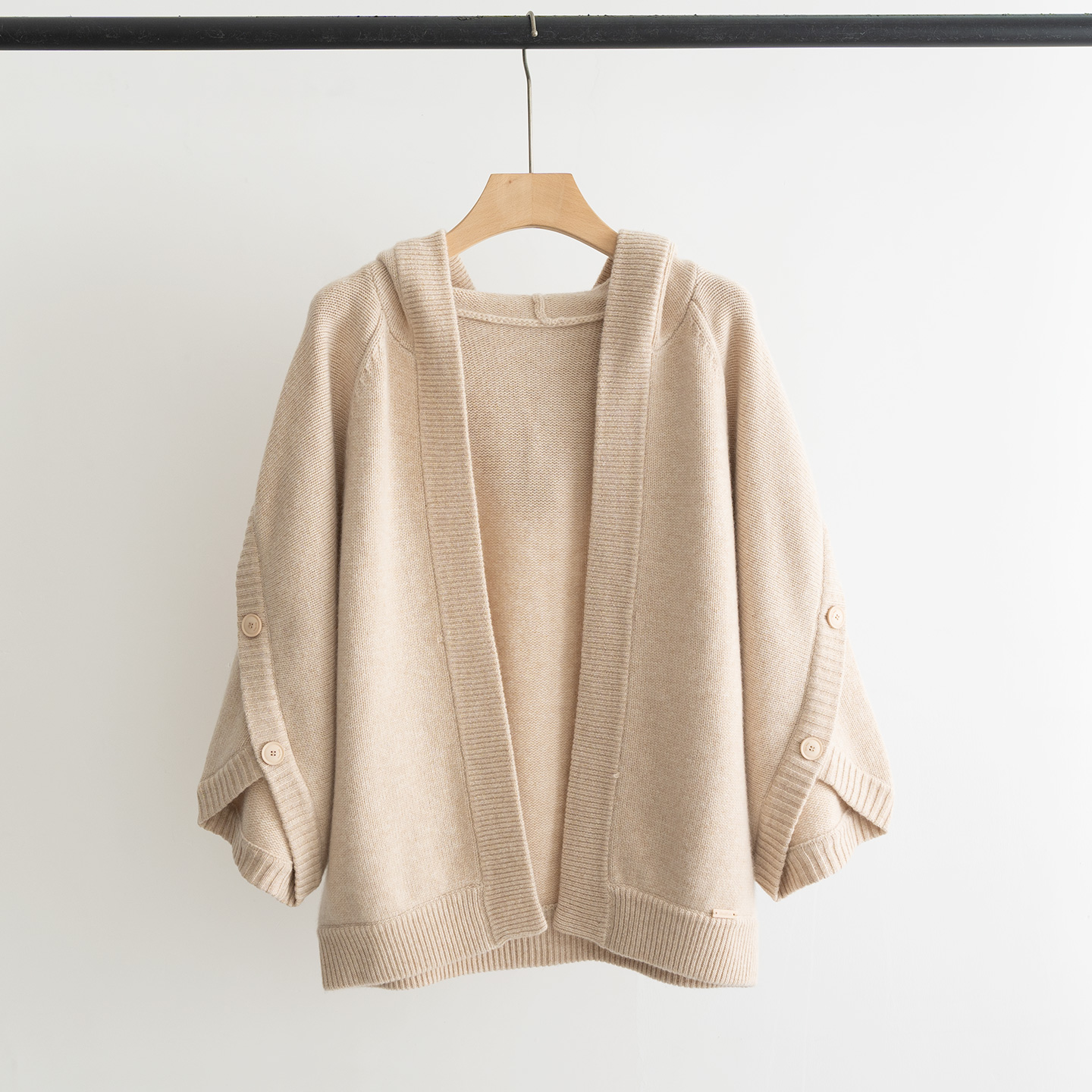 Wool-Blend Knitted Hooded Cape with Button Detail, Oversized Cardigan