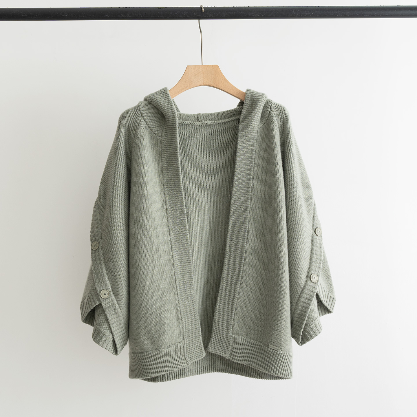 Women's Wool Blend Hooded Cape with Button Detail, Sage Green