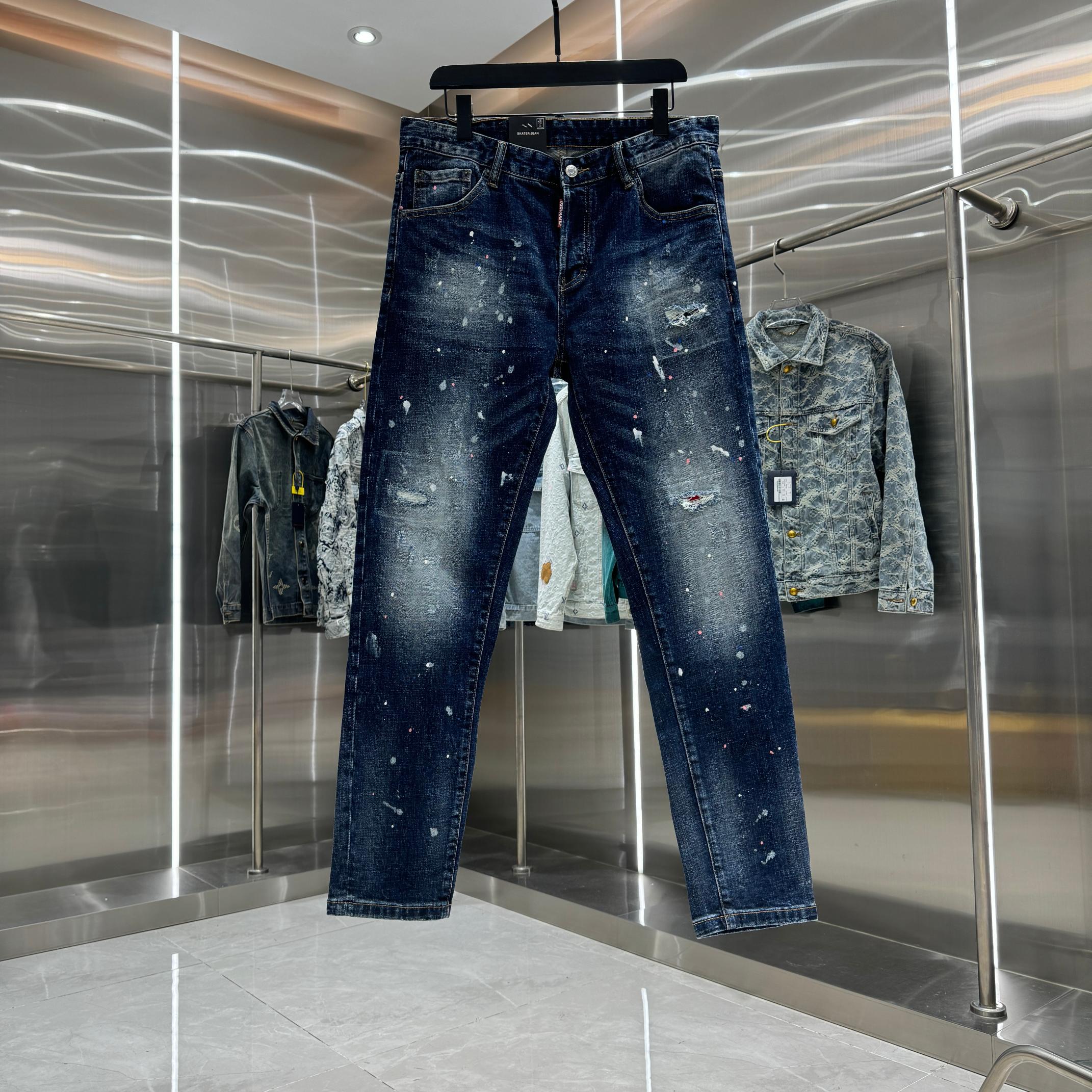 P150 DSQUARED2 vaqueros elásticos ajustados de estilo streetwear con graffiti y rotos, color azul, tallas 30 32 34 36 3…