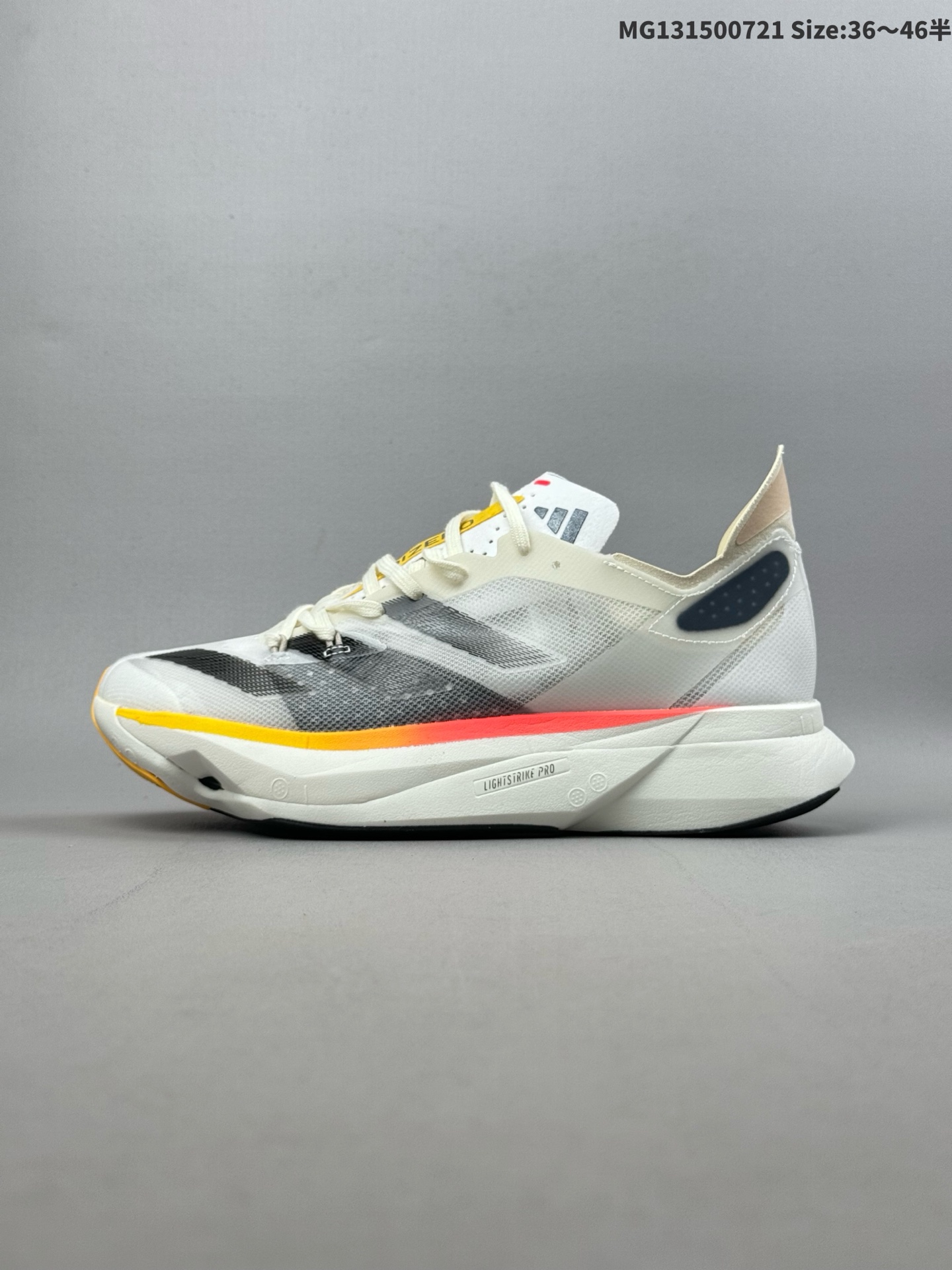 (36-46半) Adidas Adizero Adios Pro 3马拉松飞线贾卡轻质透气休闲运动跑步鞋 采用双层透气网纱 Flywire动态飞线绑缚鞋面材质 内置Zoom小气垫装置 货号:IG6442 ID:MG131500721 半