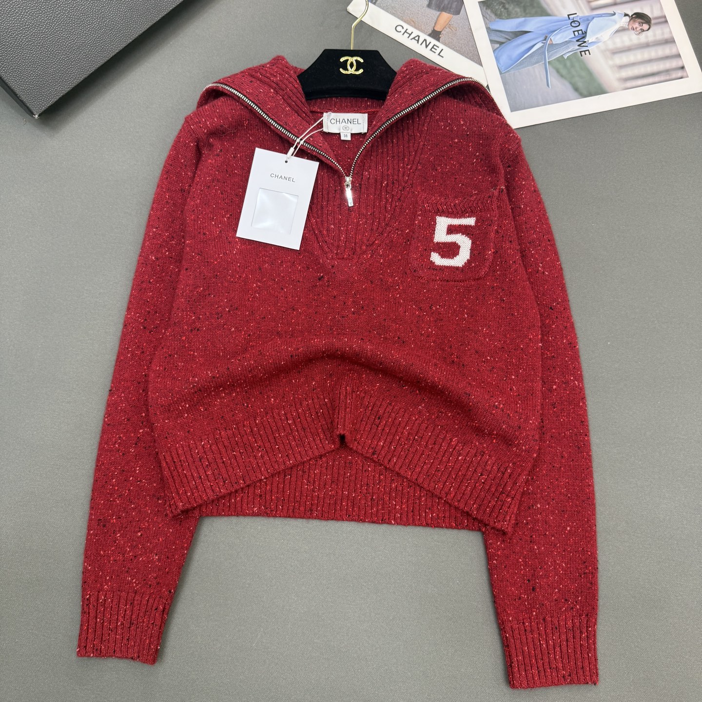 25冬季小香新款🆕定制顶级品质羊绒彩点纱，翻领拉链厚实5图案气质百搭长袖红色/杏色/宝蓝3️⃣色 尺码s