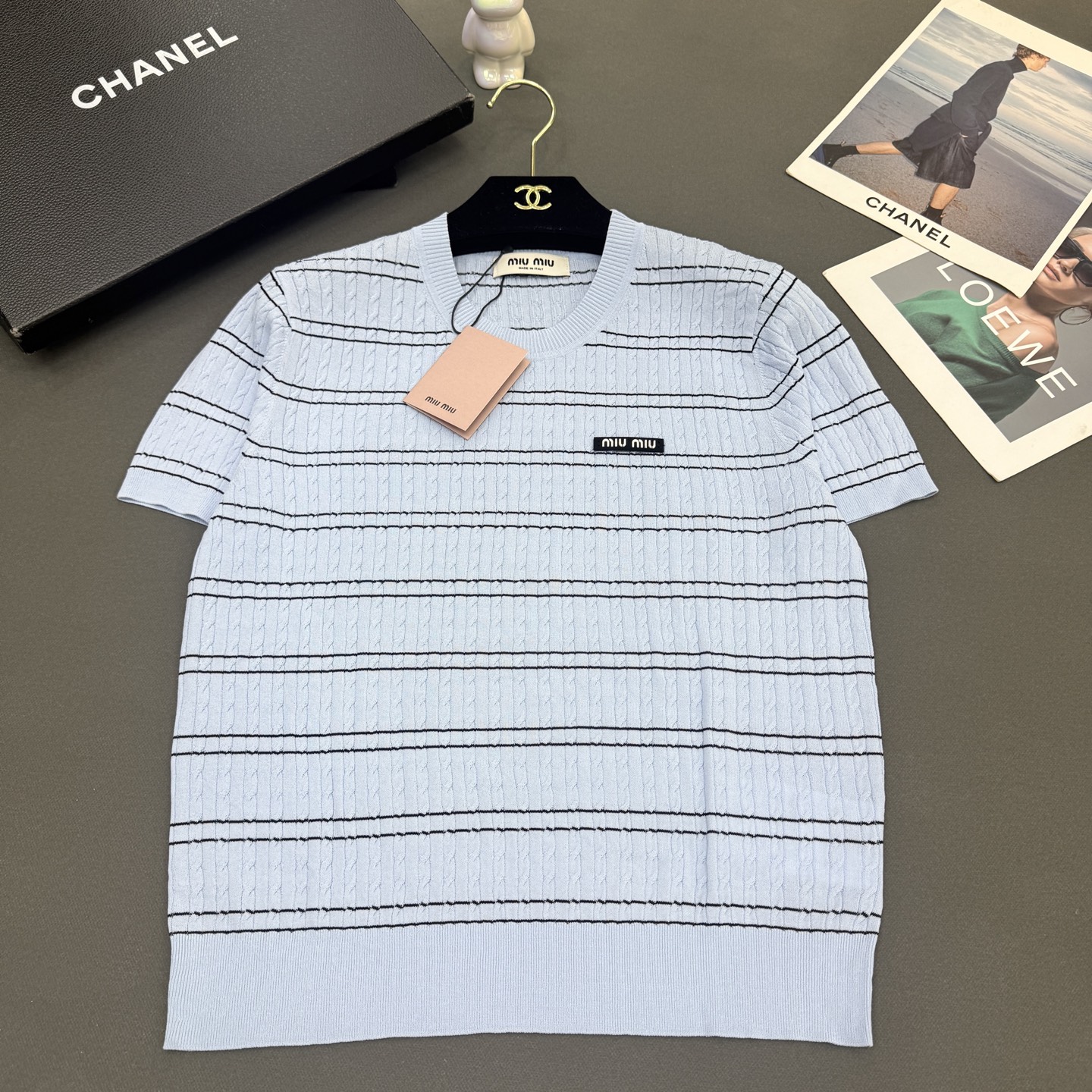 26春夏miumi*女装新款🆕亲肤绢丝棉弹力条纹，不挑身材，气质百搭短袖 黄色/米白/蓝色3️⃣色尺码s