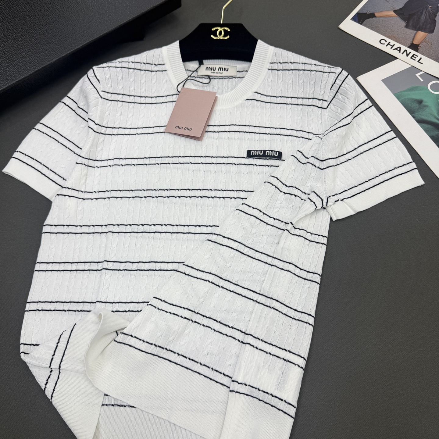 26春夏miumi*女装新款🆕亲肤绢丝棉弹力条纹，不挑身材，气质百搭短袖 黄色/米白/蓝色3️⃣色尺码s