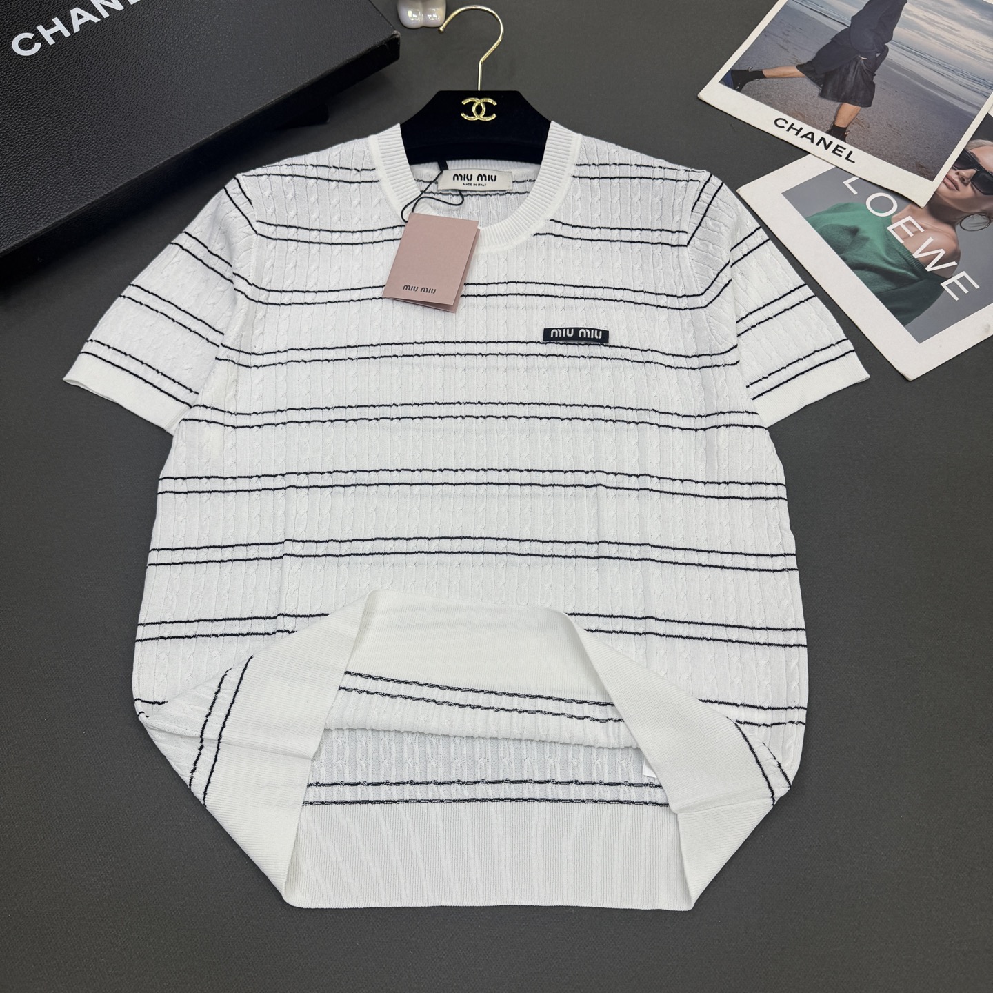 26春夏miumi*女装新款🆕亲肤绢丝棉弹力条纹，不挑身材，气质百搭短袖 黄色/米白/蓝色3️⃣色尺码s