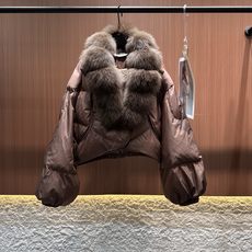 ✨✨✨ loewe✨✨✨2025秋冬新款狐狸毛拆卸毛领V领松紧腰下摆外套。暖调金属棕缎面自带柔光滤镜,蓬 ✨✨✨ loewe✨✨✨2025秋冬新款狐狸毛拆卸毛领V领松紧腰下摆外套。暖调金属棕缎面自带柔光滤镜,蓬