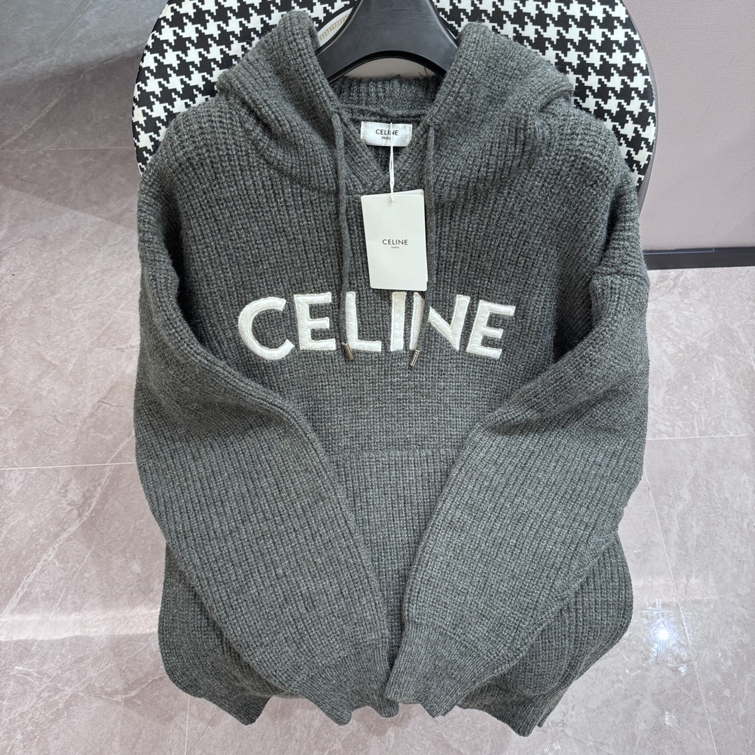 Suéter de punto con capucha y letras bordadas de CELINE, nueva temporada otoño-invierno 2023, estilo clásico y elegante…