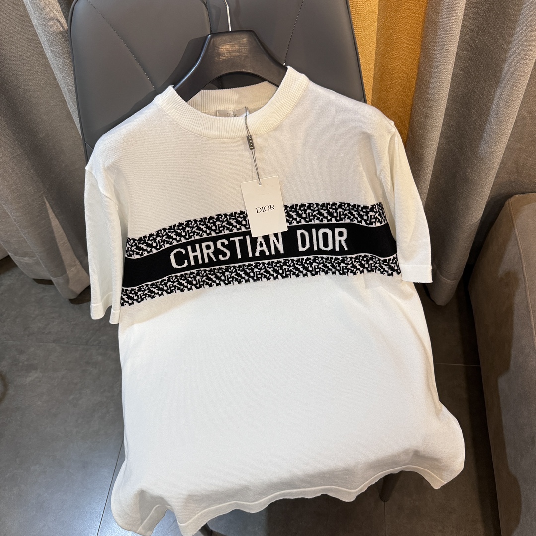 Dior Clothing T-Shirt Black White Knitting Fashion Short Sleeve