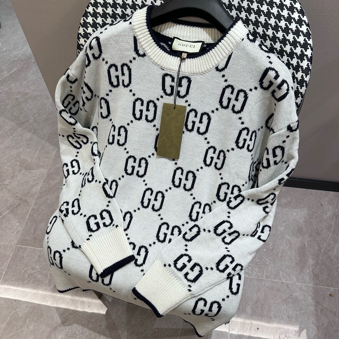 GUCCl Gucci SS24 nuevo suéter de cuello redondo de otoño, hilo de algodón y lana teñido a juego, alto gramaje y alta de…