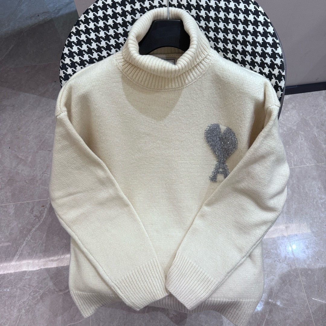 AMI Paris Ai Mi Ami 24 otoño-invierno nuevo estilo cuello redondo de punto suéter de cuello alto, clásico logo de coraz…