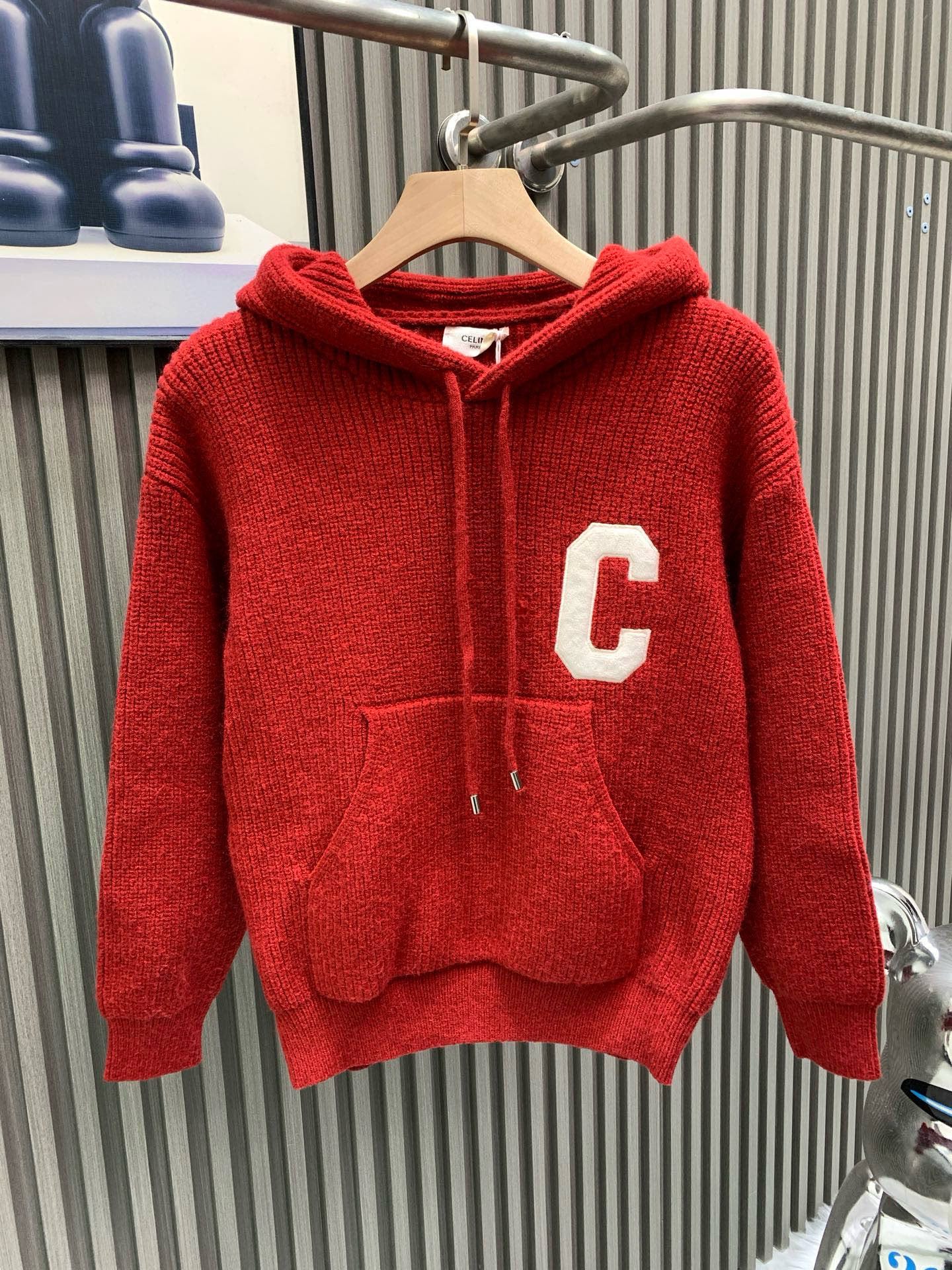 Celine Red C Patch Hooded Sweater