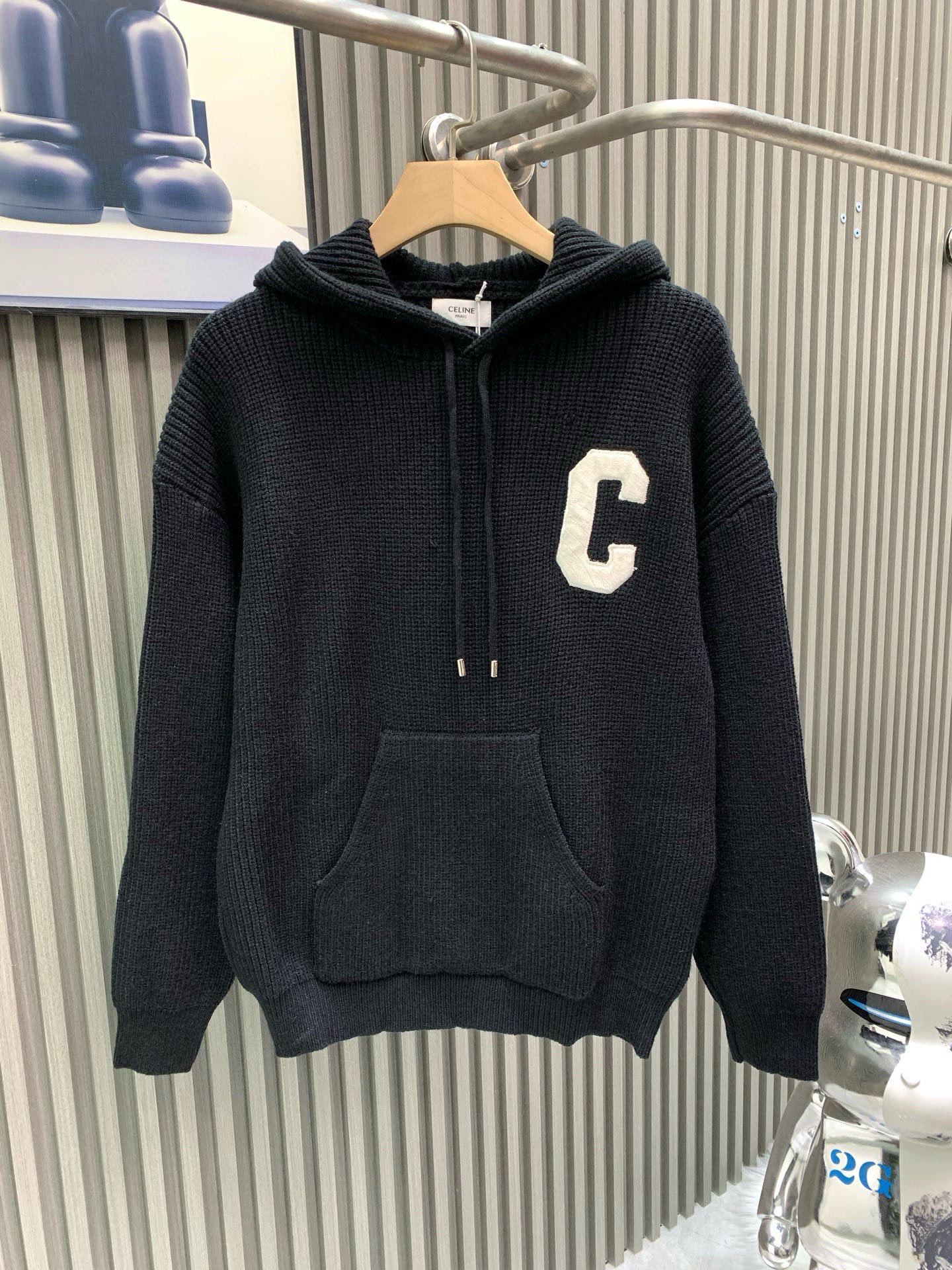 Celine Black C Patch Hooded Sweater