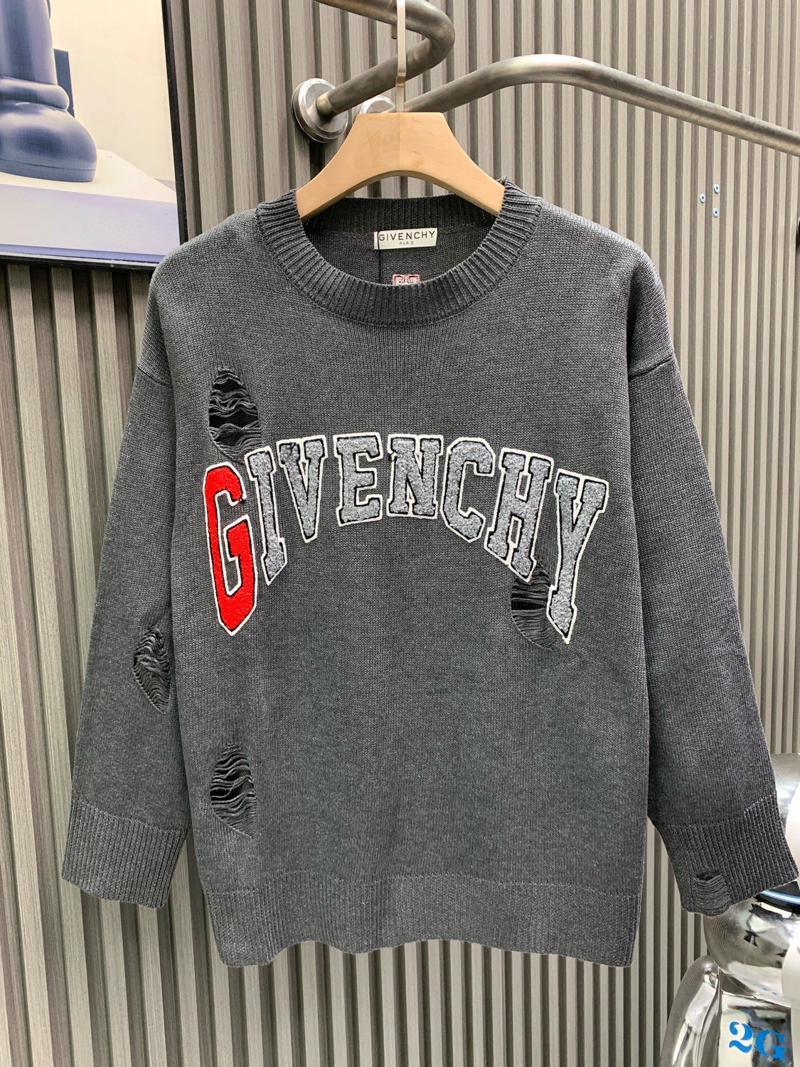 Givenchy Gray Distressed Logo Sweater