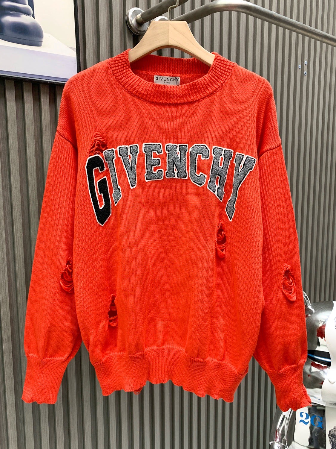 Givenchy Red Distressed Logo Sweater