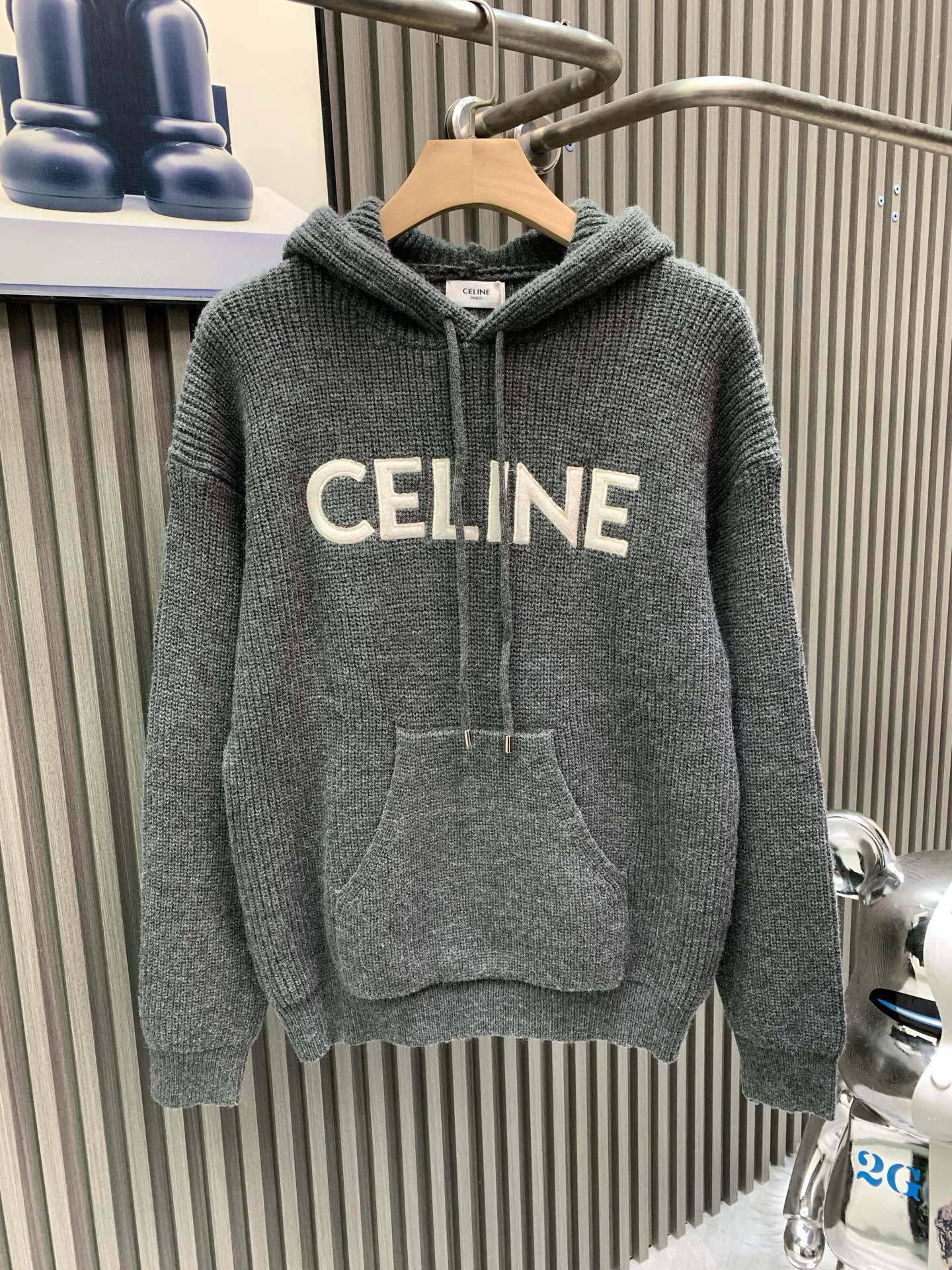 Celine Gray Logo Hooded Sweater