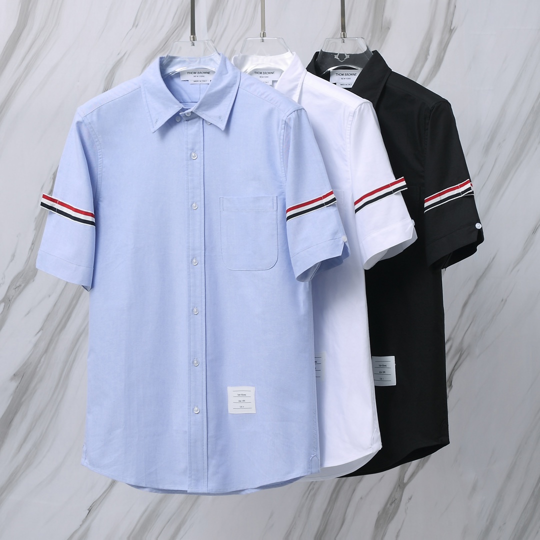 Thom Browne Short Sleeve Oxford Shirt with Signature Armbands - Classic Fit