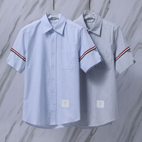 Thom Browne Striped Oxford Short-Sleeve Shirt with Armband Detail 1 Thom Browne Striped Oxford Short-Sleeve Shirt with Armband Detail