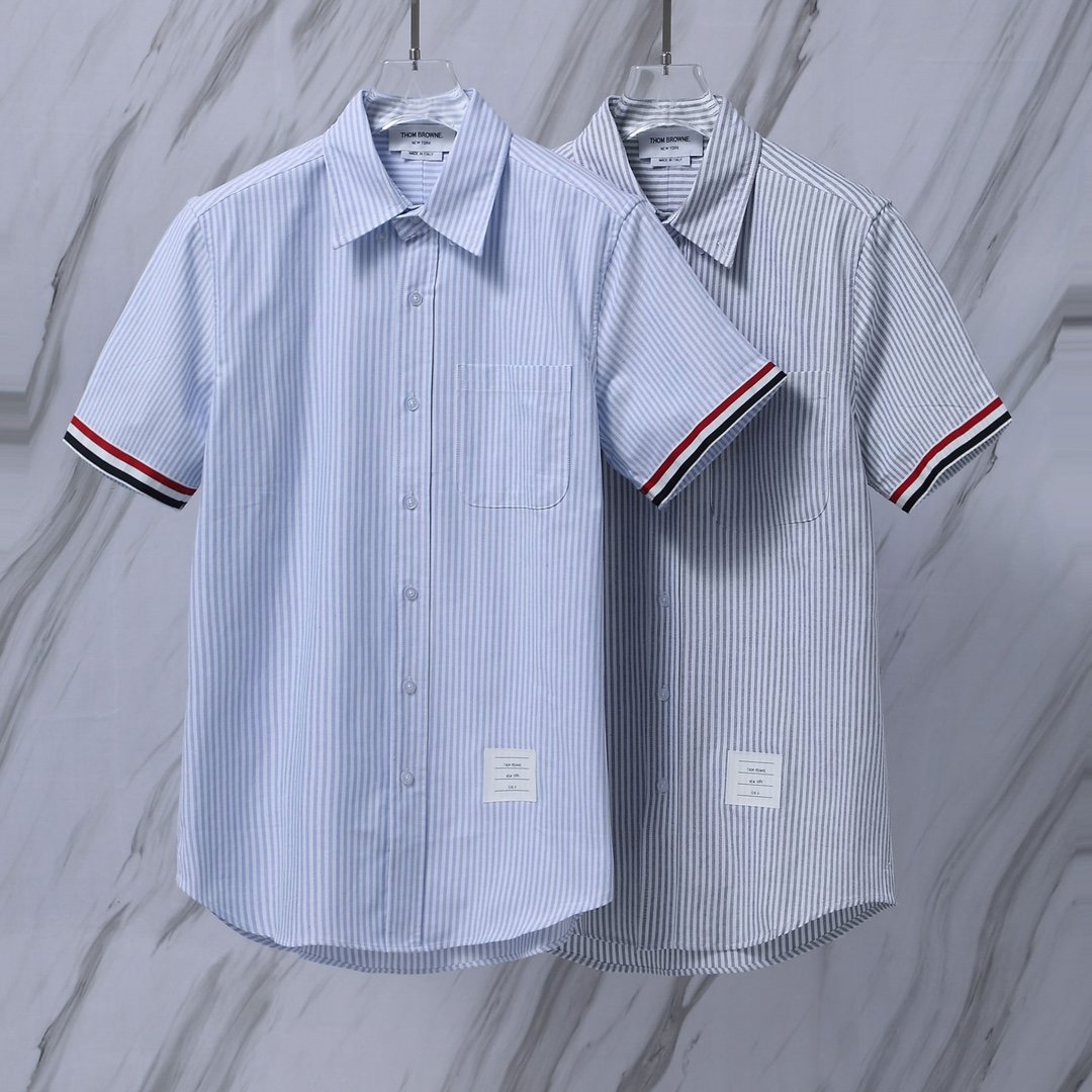 Thom Browne Striped Oxford Short-Sleeve Shirt with Sleeve Band Detail
