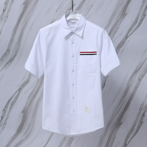 Thom Browne Oxford Short-Sleeve Shirt With Pocket Ribbon Detail In White 1 Thom Browne Oxford Short-Sleeve Shirt With Pocket Ribbon Detail In White