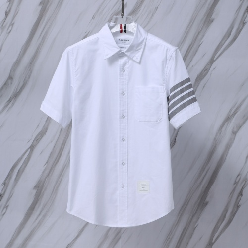 Thom Browne White Oxford Short Sleeve Shirt with Grey Stripe Detail 1 Thom Browne White Oxford Short Sleeve Shirt with Grey Stripe Detail