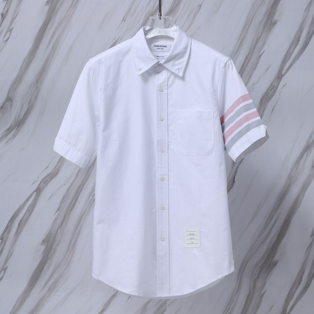 Thom Browne White Oxford Short Sleeve Shirt with Striped Sleeve Detail