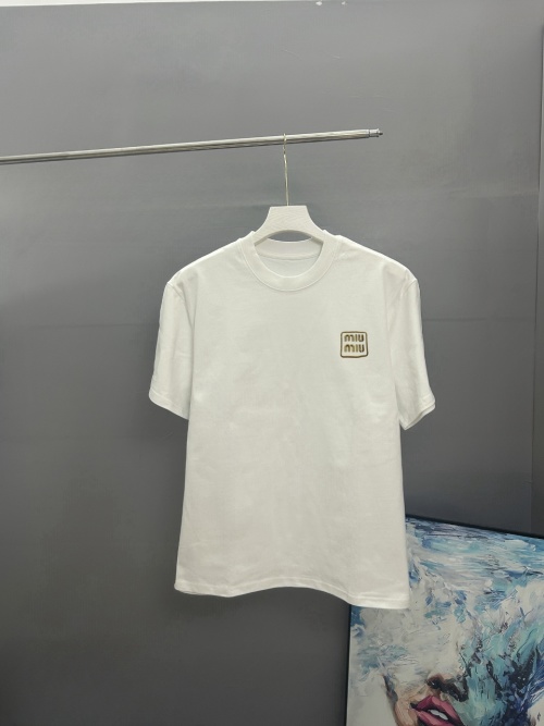Miu Miu 2025 Embroidered Cotton T-Shirt Classic Round Neck Short Sleeve