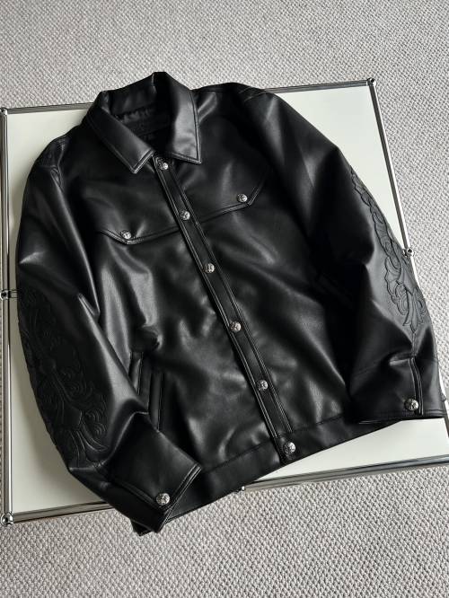 Chrome Hearts Zwarte Leren Jas met Geborduurde Details - Stijlvol en Gedurfd 1 Chrome Hearts Zwarte Leren Jas met Geborduurde Details - Stijlvol en Gedurfd
