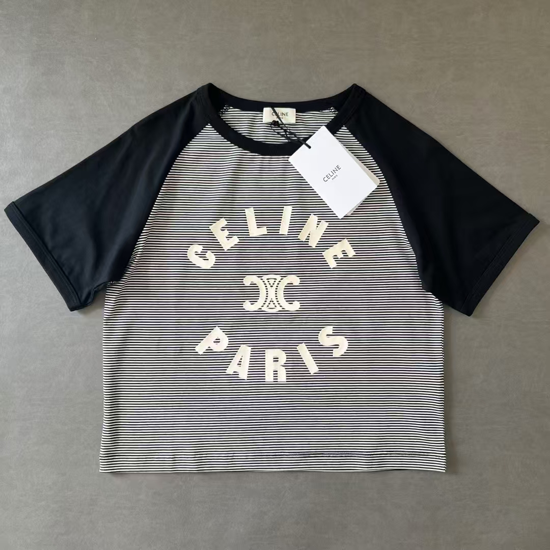 NO:321928,Celine 2025 Spring and Summer New Women's Small Edition Tee!  Horn sleeves with contrasting color splicing short sleeves!  Flocking printing technology SML P, celine, T-shirt, alexander wang19860909Celine 2025 春夏新款 女式小版Tee！牛角袖条纹撞色拼接短袖！植绒印花工艺 码数SML P,,celine,T-shirt,alexander wang,Women's clothing