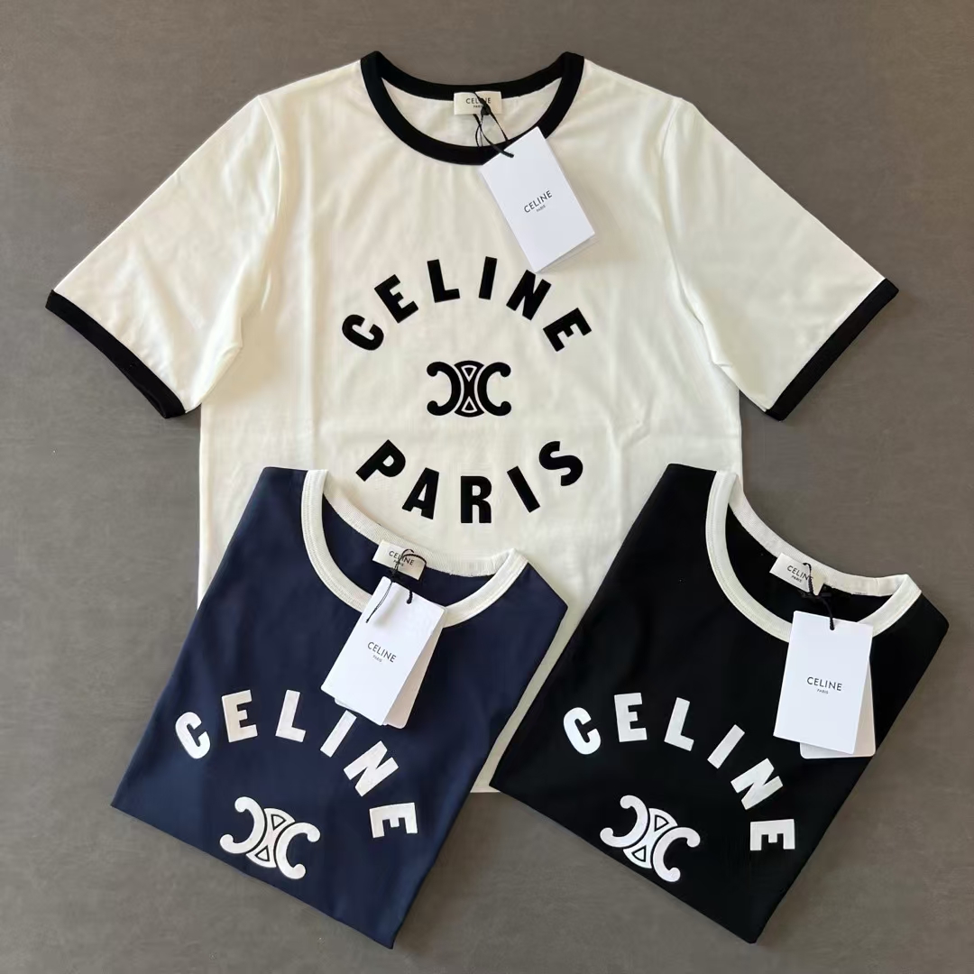 NO:321883,Celine 2025 Spring and Summer New Women's Slim Short Sleeve Tee!  Flocking printing process!  Color royal blue black white code SML, celine, T-shirt, alexander wang19860909Celine 2025 春夏新款 女式修身短袖Tee！植绒印花工艺！ 颜色宝蓝 黑色 白色 码数SML,,celine,T-shirt,alexander wang,Women's clothing