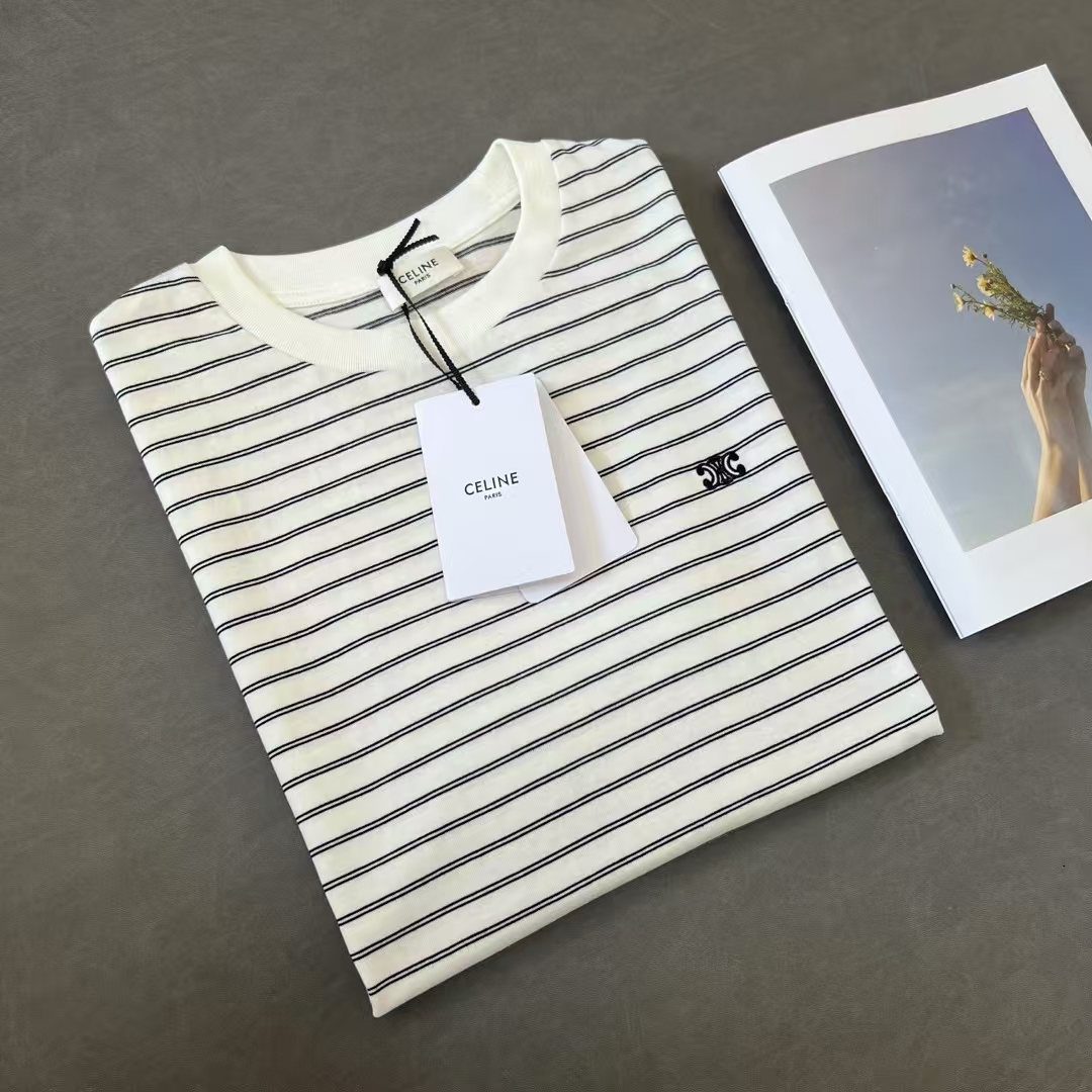 NO:321894,Celine 2025 Spring and Summer New Style, Plain Cotton Stripe Fabric!  The same style for men and women!  Embroidery of Arc de Triomphe logo on chest!  SML, celine, alexander wang19860909Celine 2025 春夏新款 定织纯棉条纹面料！男女同款！胸前凯旋门logo小标刺绣！ 码数SML,,celine,alexander wang,Women's clothing