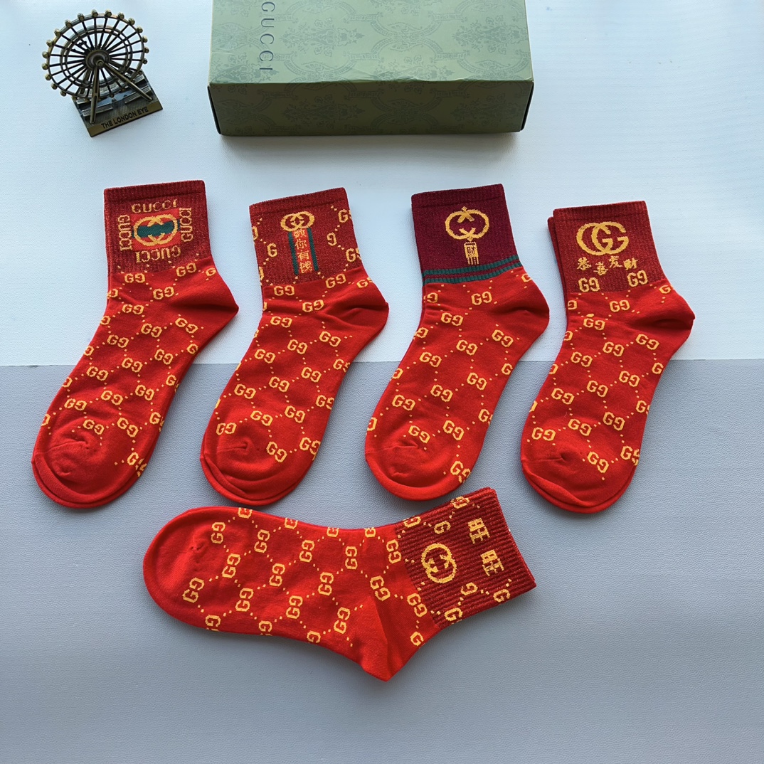 配包装一盒5双Gucci古奇新款短袜中国红红色袜子纯棉面料潮人必备Gucci爆款经典双G个性时尚百搭款你