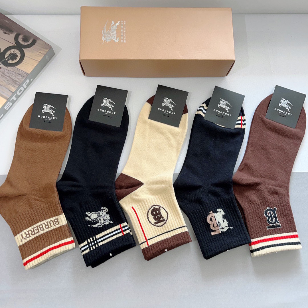 Burberry Classic Logo Socks: 5 Pairs per Box, Soft Cotton Material - 图片 4