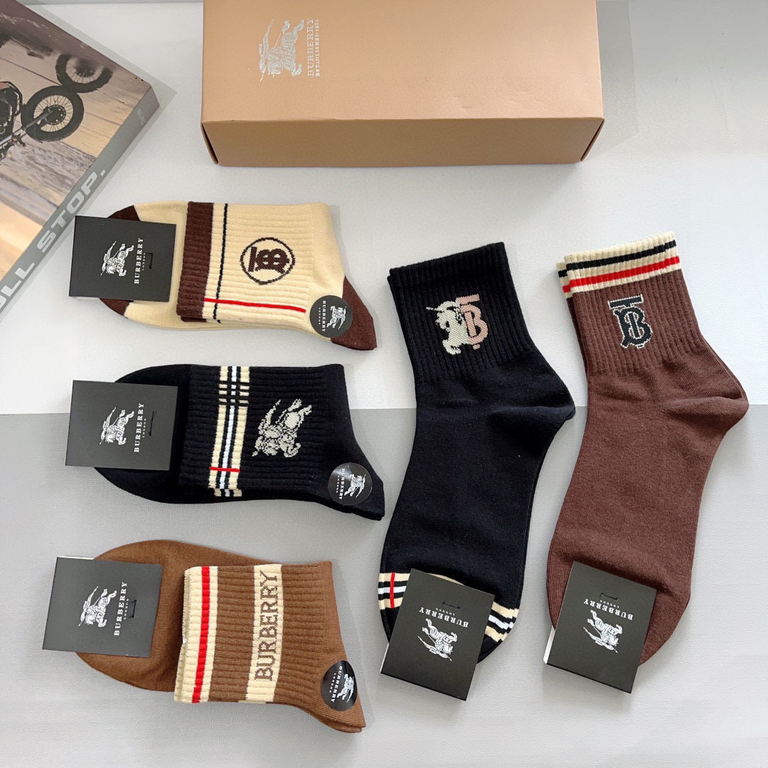 Burberry Classic Logo Socks: 5 Pairs per Box, Soft Cotton Material - 图片 7