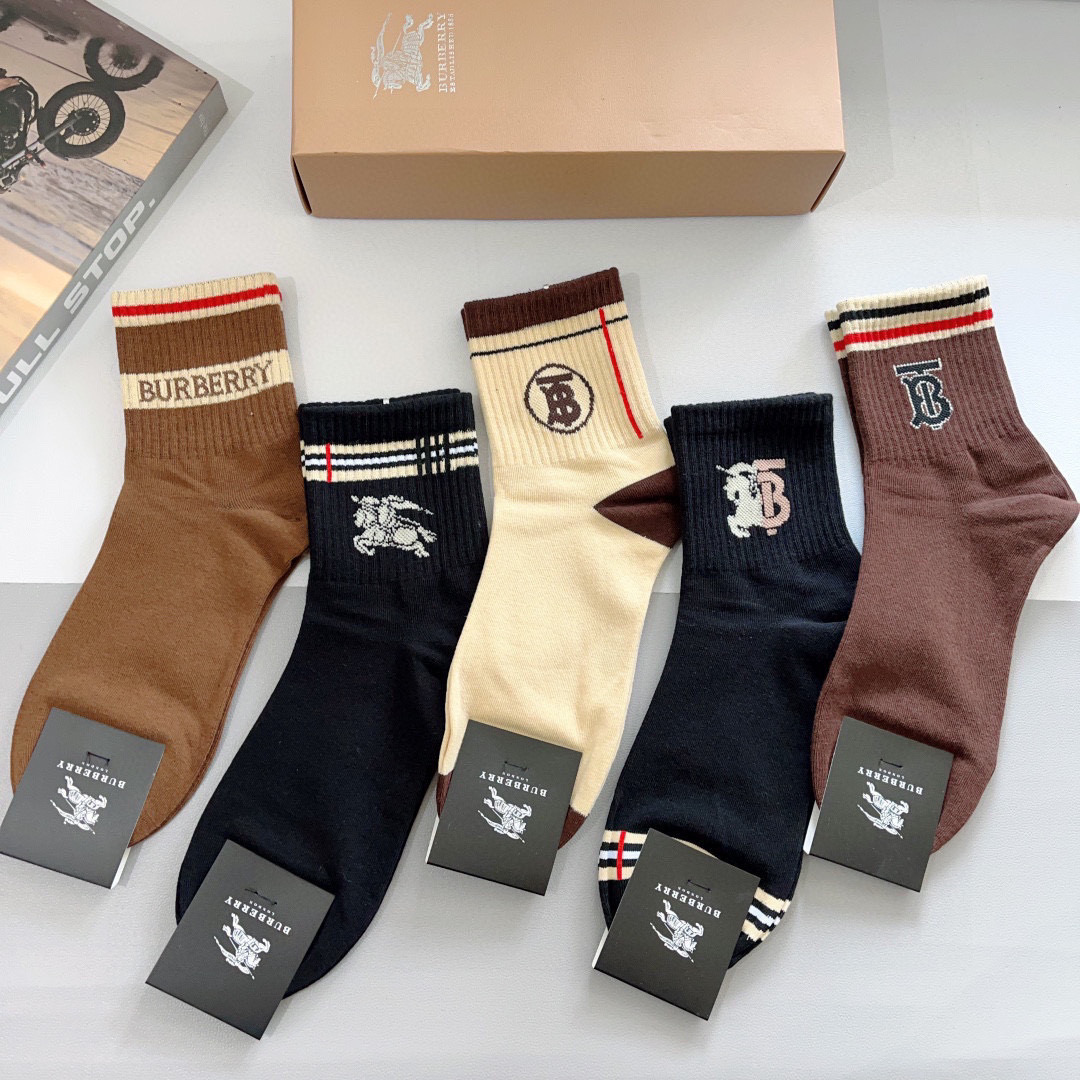 Burberry Classic Logo Socks: 5 Pairs per Box, Soft Cotton Material - 图片 9