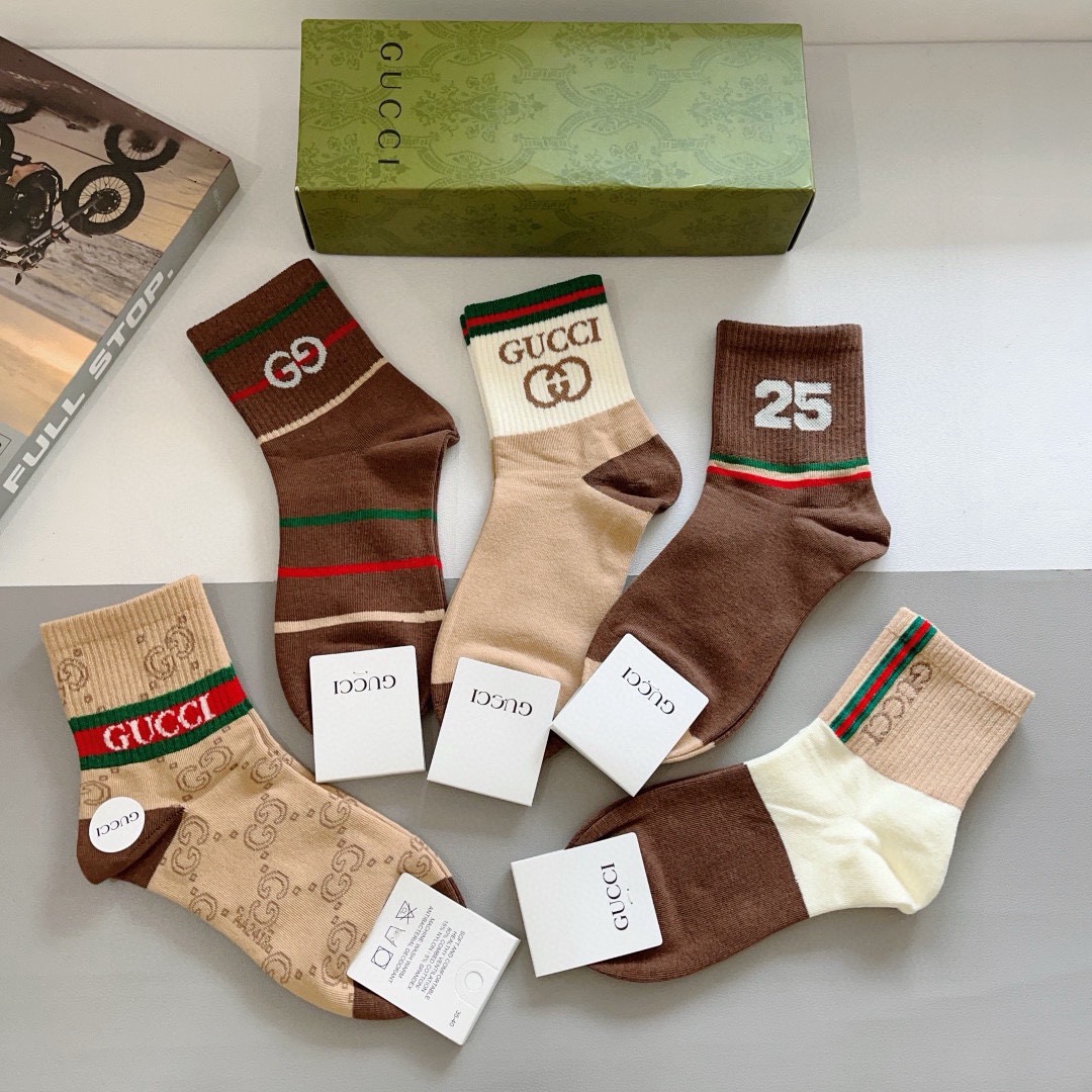 配包装（一盒5双）GUCCI 古奇 新款中筒袜子！纯棉面料，火爆图案，专柜同步中筒袜子，💛大牌出街，潮人