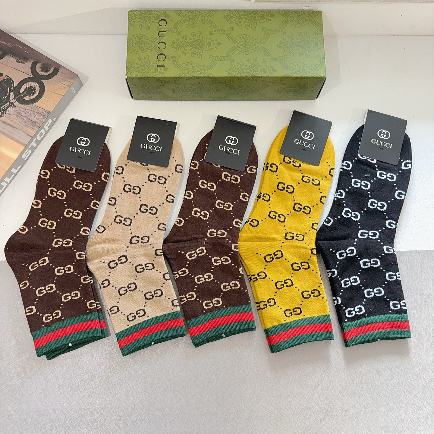 配包装（一盒5双） Gucci 古奇 ins超火爆男款中筒袜，纯棉面料，潮人必备 ，经典G家彩条针织织带