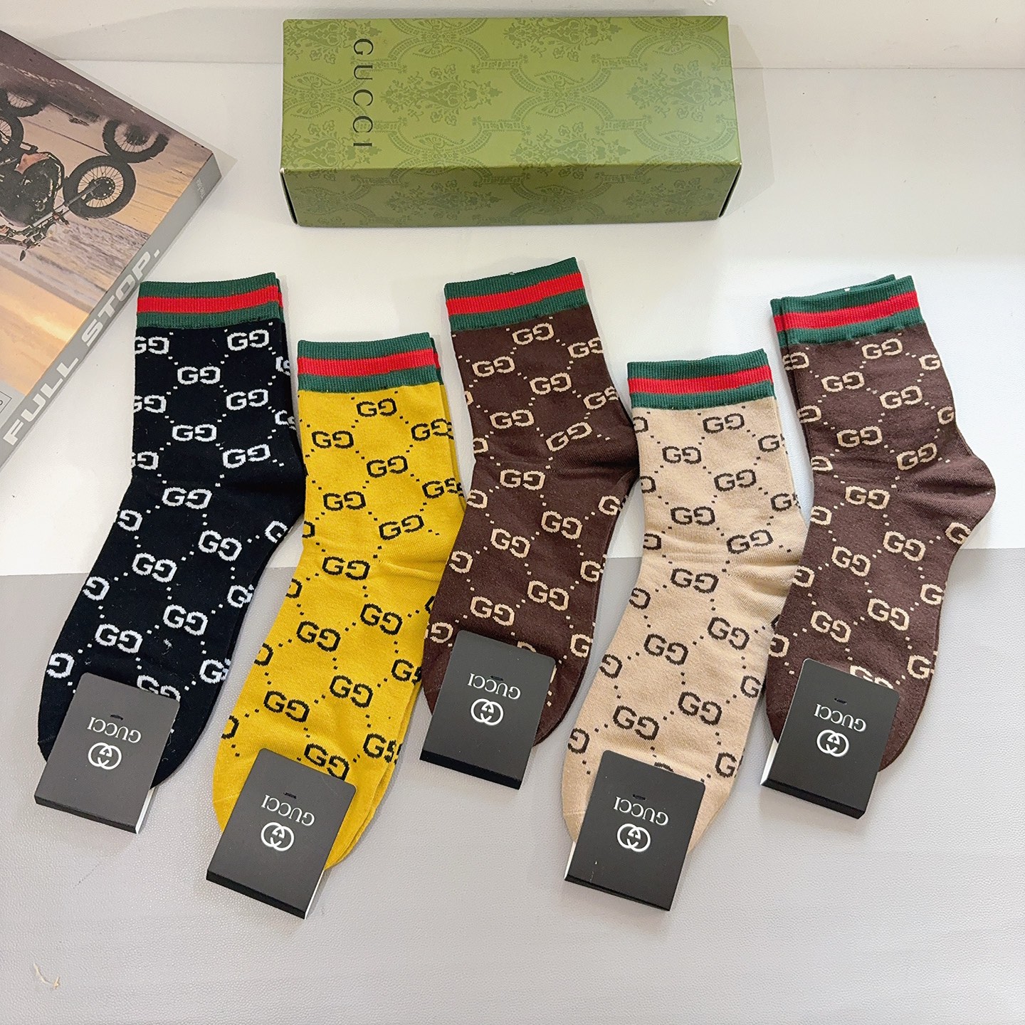 配包装（一盒5双） Gucci 古奇 ins超火爆男款中筒袜，纯棉面料，潮人必备 ，经典G家彩条针织织带